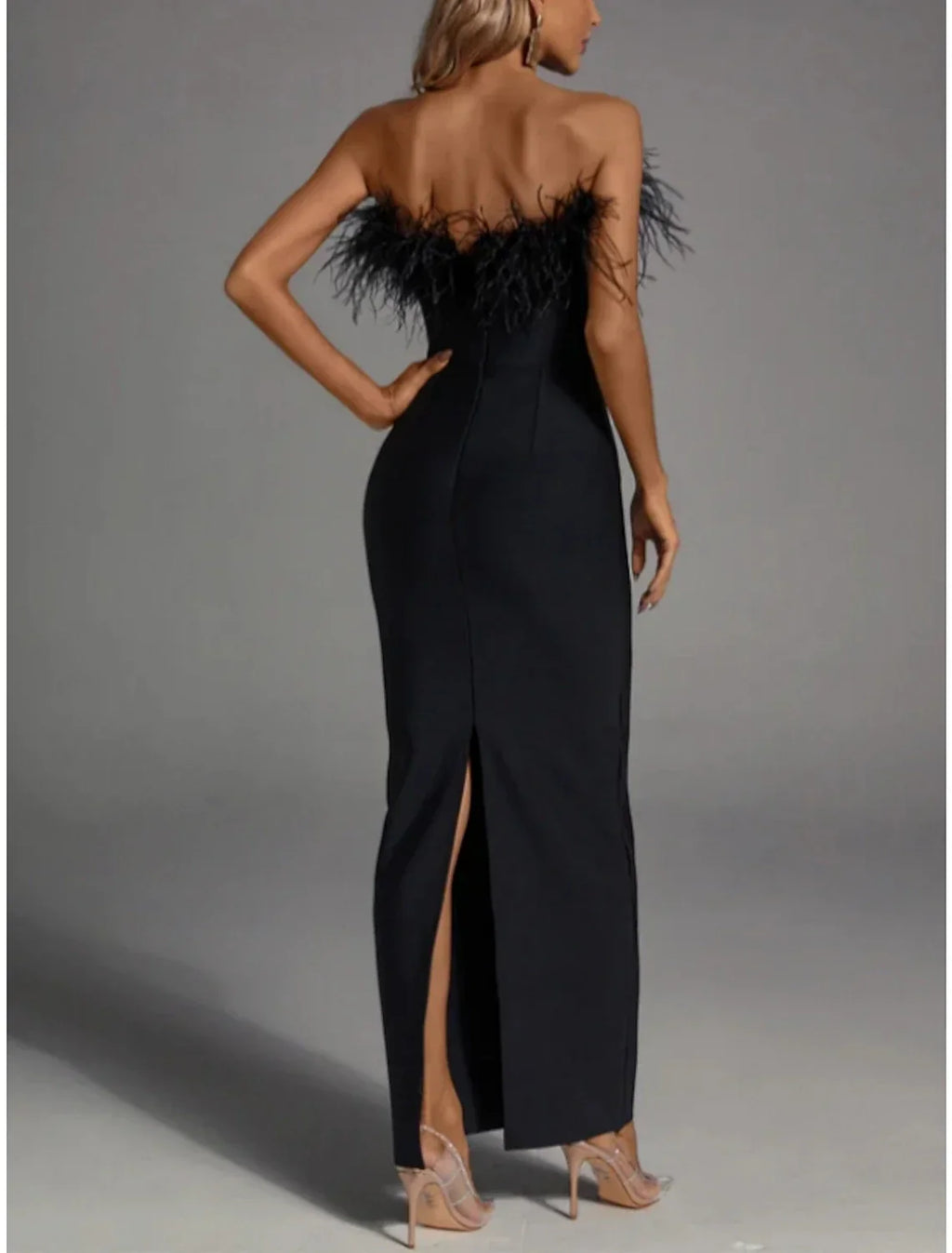 Black Sheath / Column Evening Gown Elegant Dress Formal Fall Ankle Length Sleeveless Strapless Fabric with Feather Slit