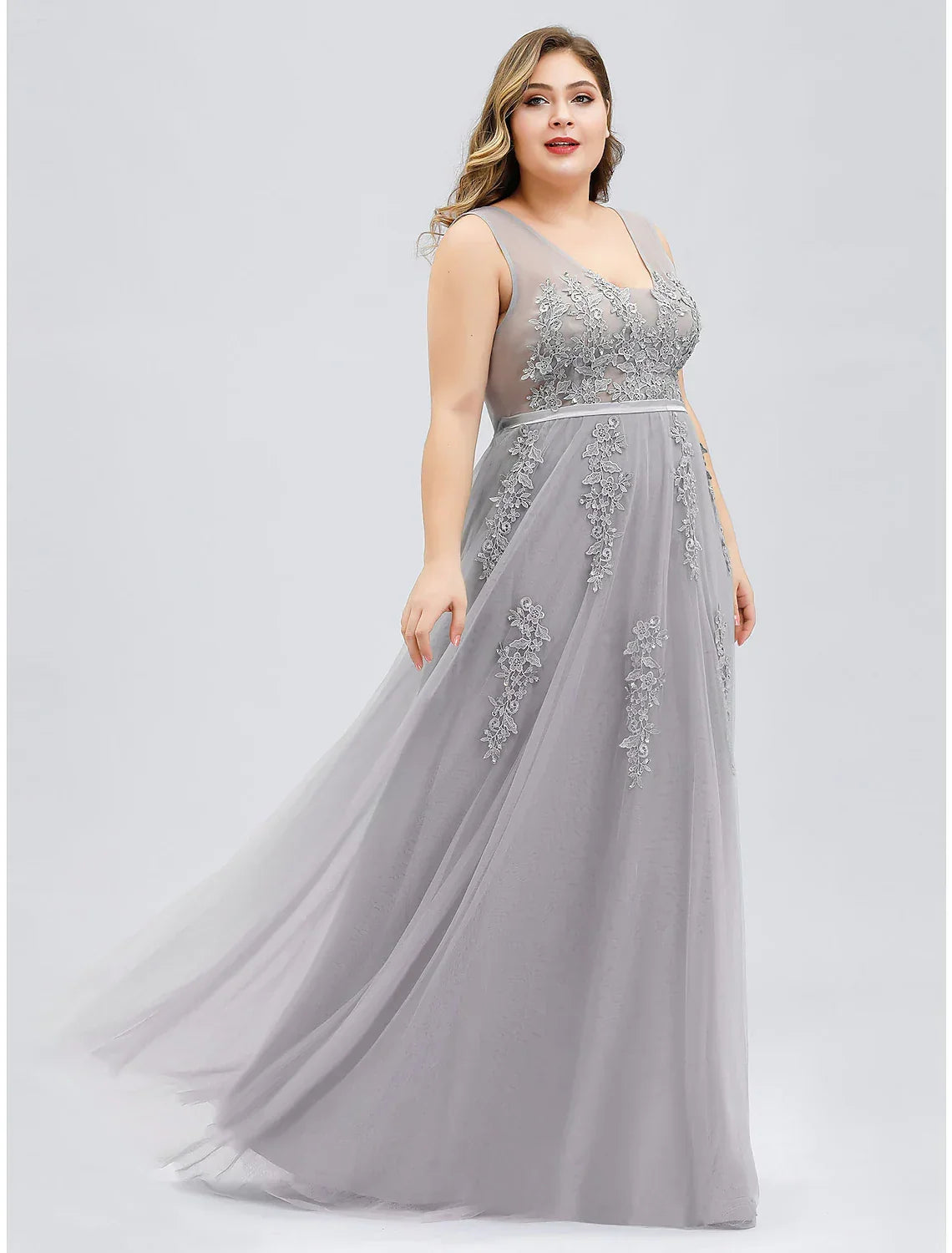 Plus Size Dress Prom Floor Length Sleeveless V Neck V Back Beading Appliques
