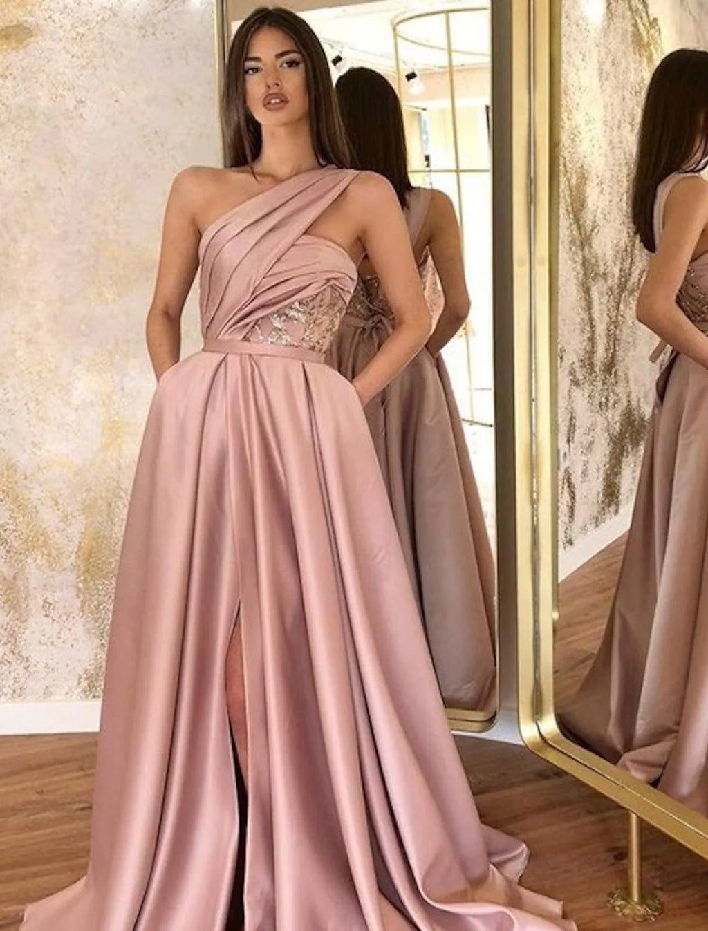 Evening Gown Celebrity Style Dress Formal Floor Length Sleeveless One Shoulder with Ruched Slit