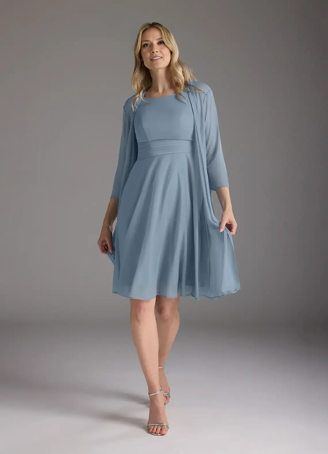 Graceful Elegant Dusty Blue Chiffon A-Line Knee-Length Mother of the Bride Dress