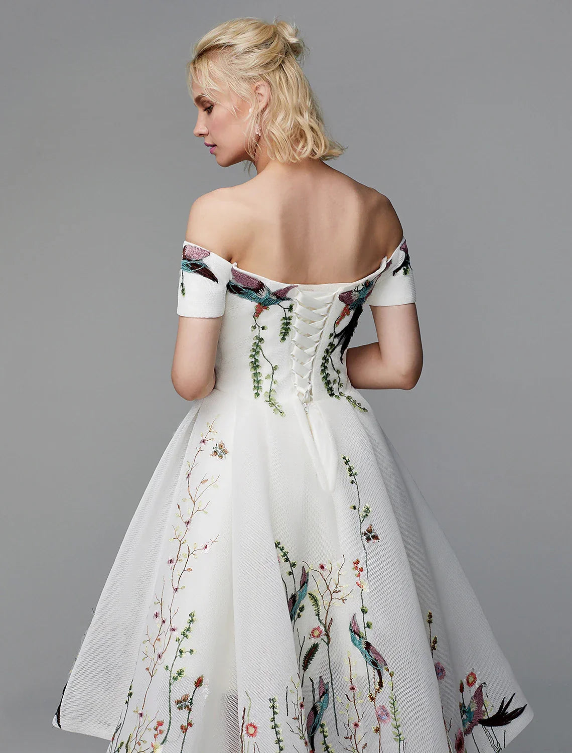 Ball Gown Cute Dress Wedding Guest Asymmetrical Short Sleeve Off Shoulder with Embroidery
