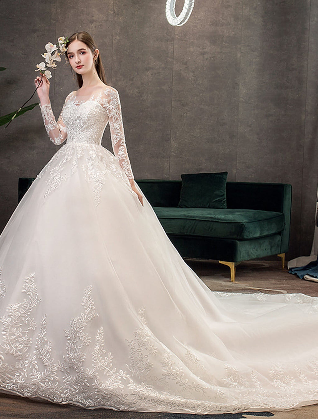 Engagement Open Back Formal Wedding Dresses Chapel Train Long Sleeve With Pleats Appliques