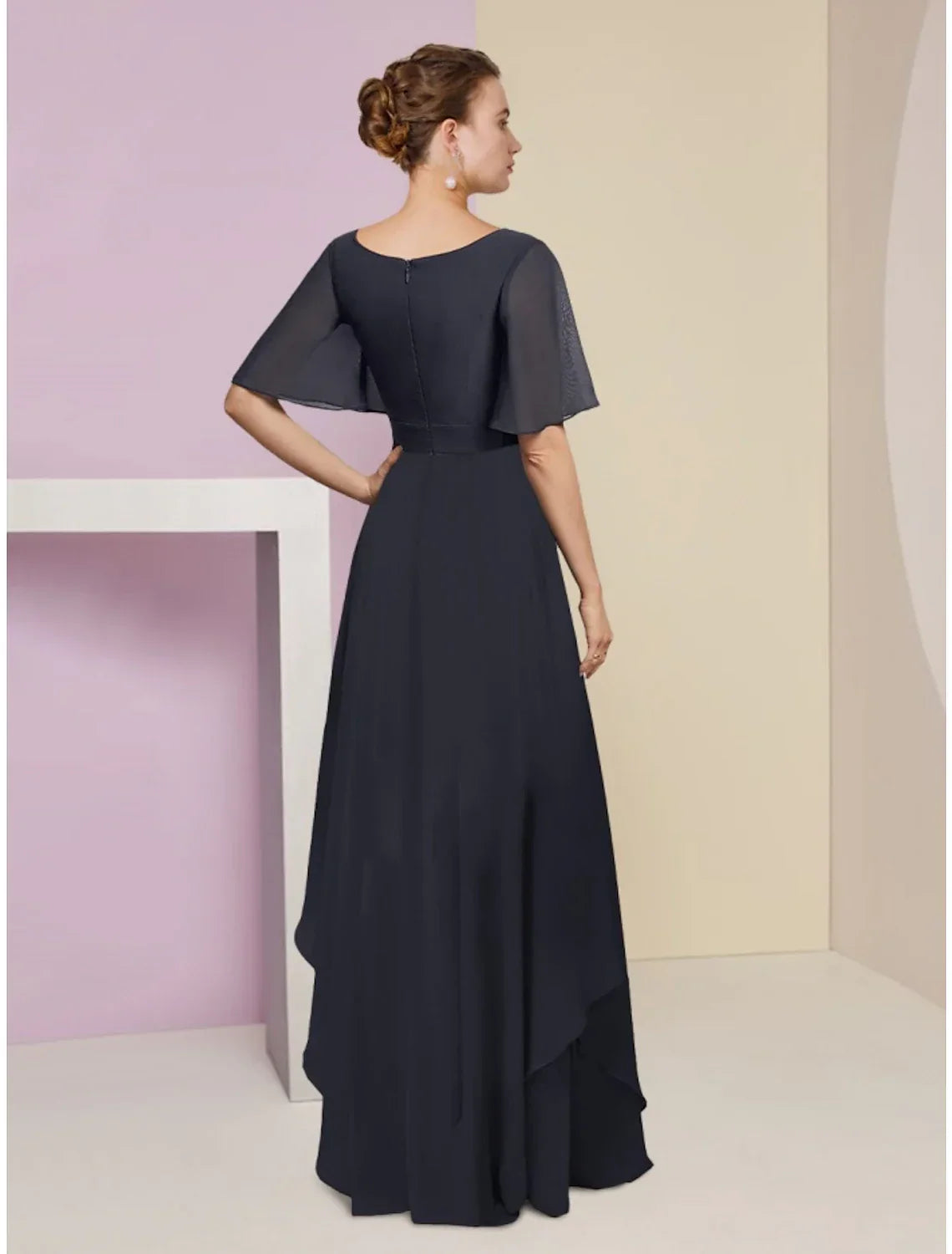 Mother of the Bride Dress Wedding Guest Elegant V Neck Floor Length Short Sleeve with Crystal Brooch Ruching