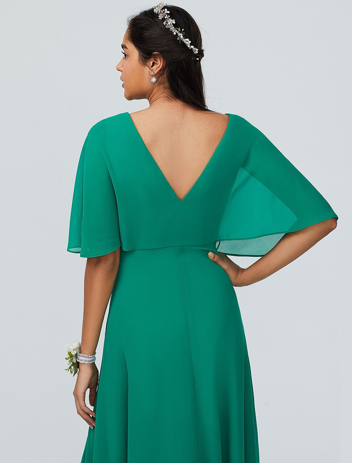 Bridesmaid Dress V Neck Short Sleeve Sparkle Shine Floor Length with Split Front