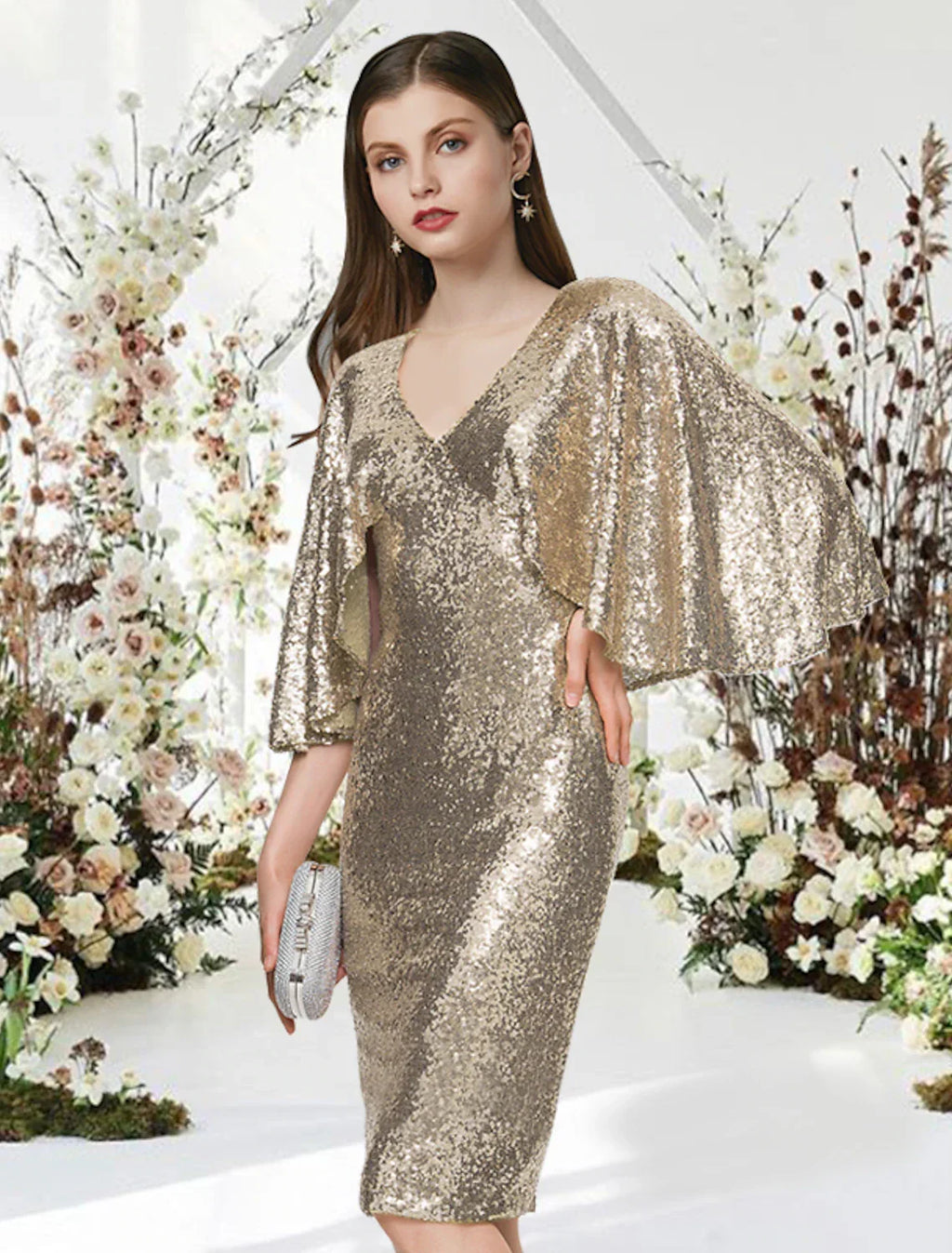 Sheath / Column Cocktail Dresses Glittering Dress Graduation Cocktail Party Knee Length Half Sleeve V Neck with Sleek