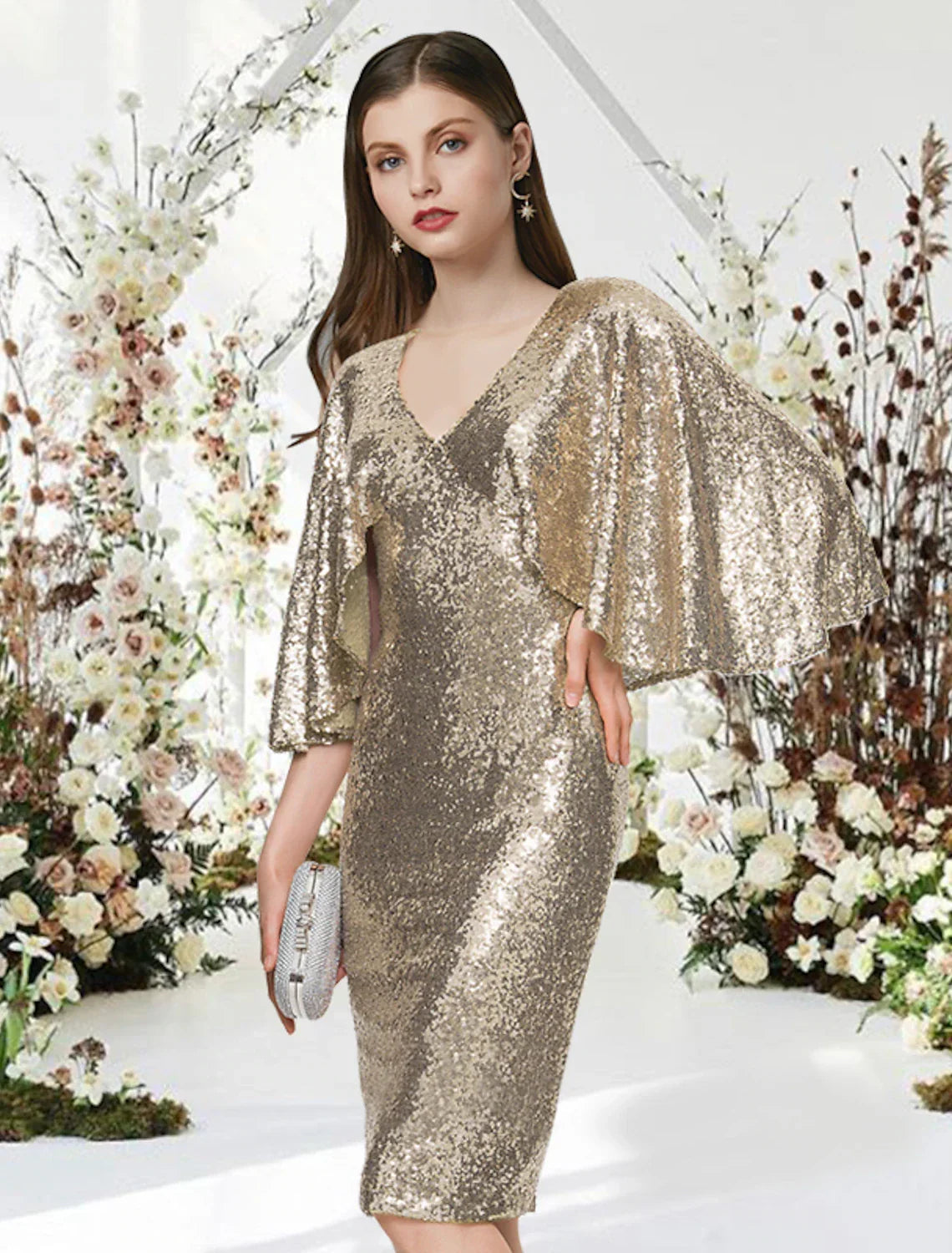 Sheath / Column Cocktail Dresses Glittering Dress Graduation Cocktail Party Knee Length Half Sleeve V Neck with Sleek
