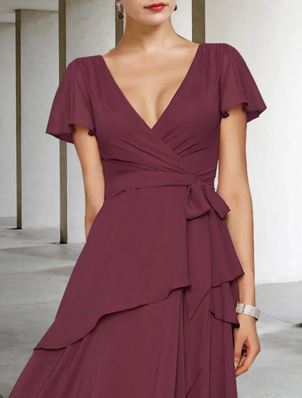 Mother of the Bride Dress Vintage Elegant V Neck Floor Length Short Sleeve Sash Ribbon Cascading Ruffles