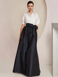 Mother of the Bride Dress Formal Wedding Guest Party Elegant Shirt Collar Floor Length Taffeta Short Sleeve with Bow(s) Color Block