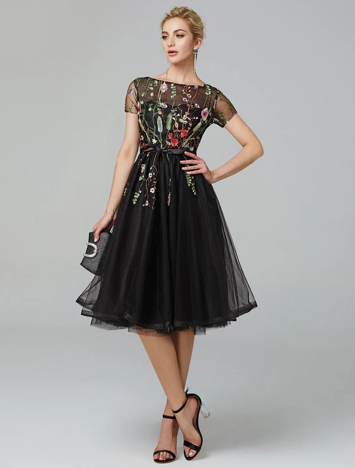 Floral Engagement Formal Evening Dress Illusion Neck Short Sleeve Knee Length with Pleats Appliques