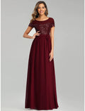 Bridesmaid Dress Short Sleeve Elegant Floor Length Sash Ribbon