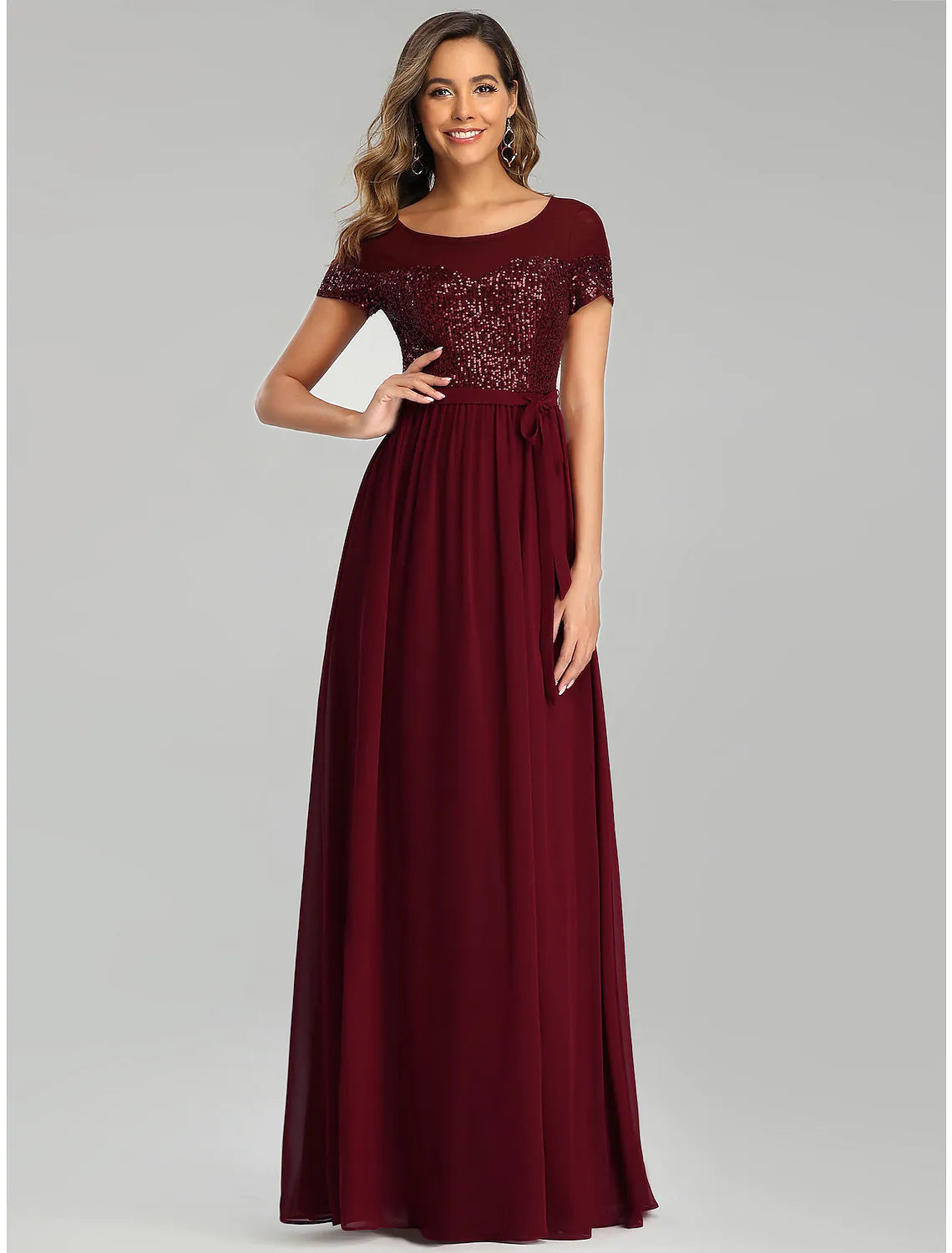 Bridesmaid Dress Short Sleeve Elegant Floor Length Sash Ribbon