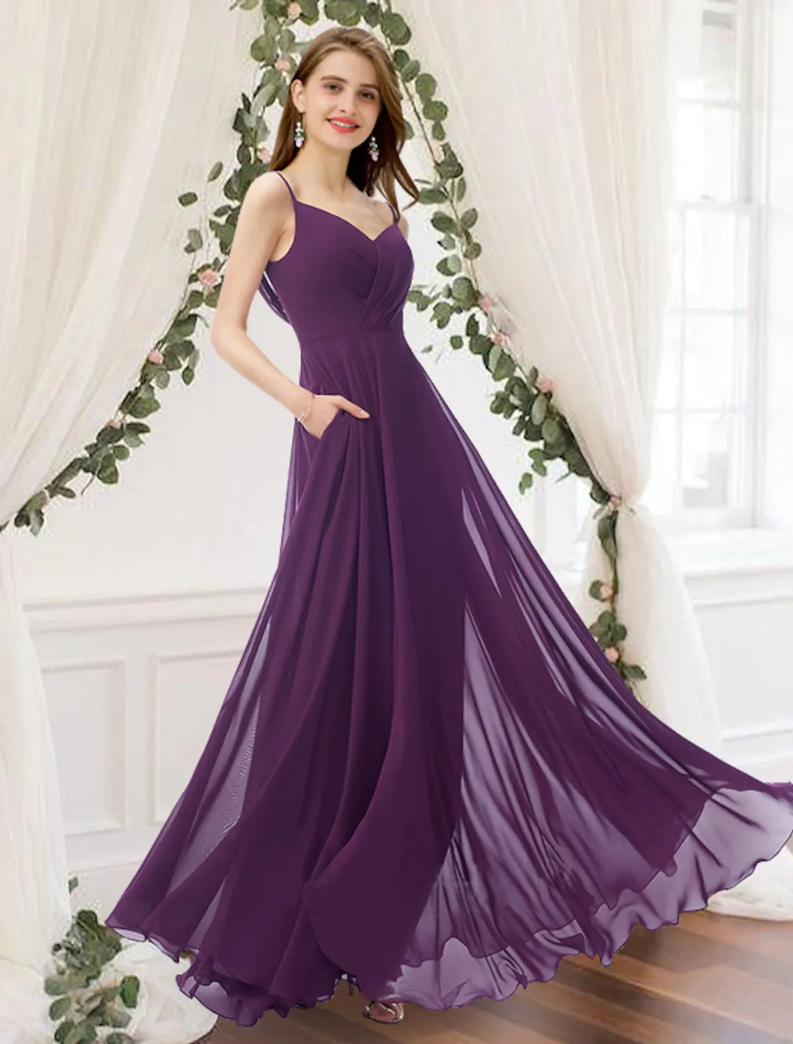Bridesmaid Dress V Neck Sleeveless Elegant Floor Length with Pleats