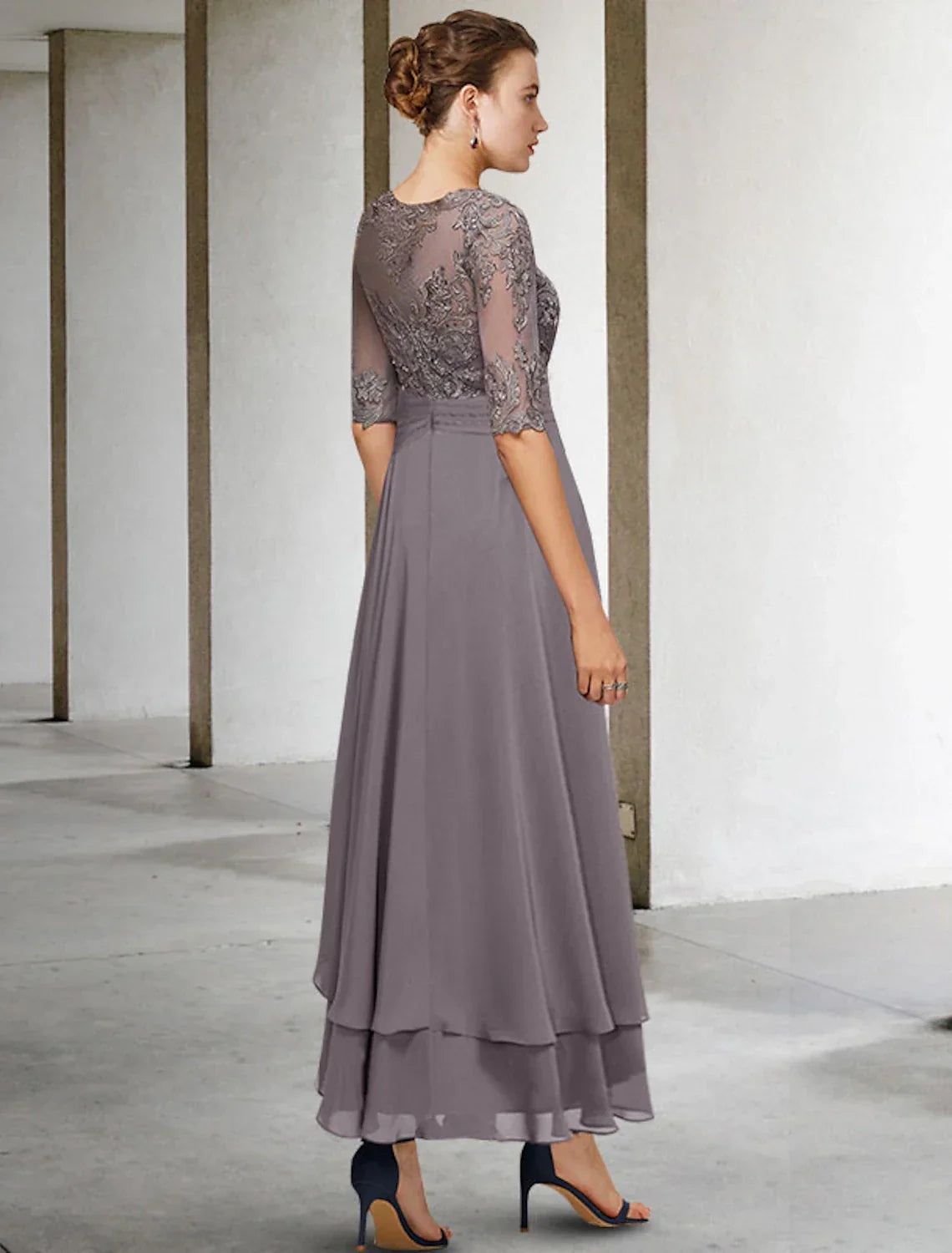 Mother of the Bride Dress Plus Size Elegant High Low Jewel Neck Asymmetrical Ankle Length Half Sleeve with Beading Ruffles Appliques