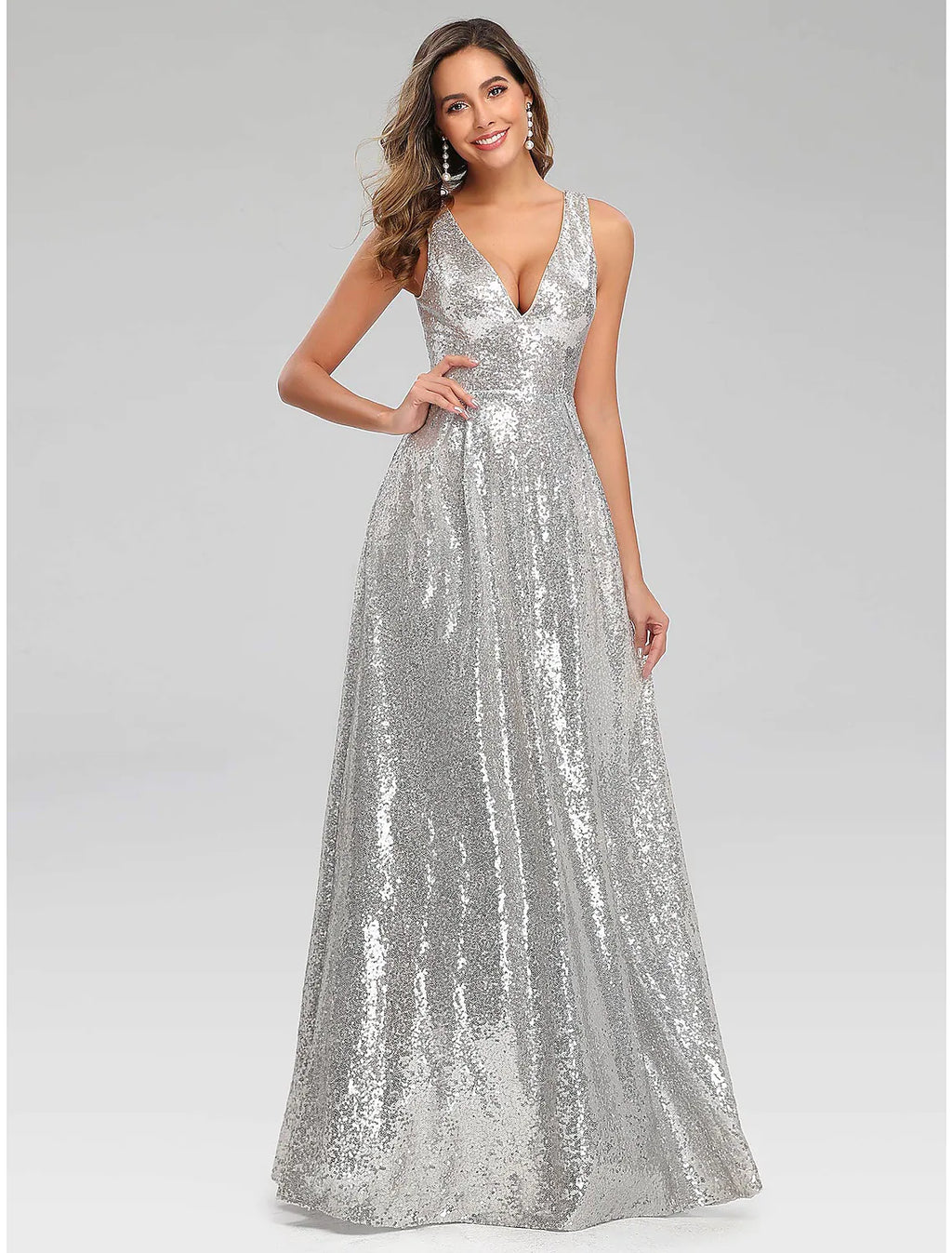 Sparkle Dress Wedding Guest Floor Length Sleeveless V Neck V Back