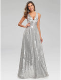 Sparkle Dress Wedding Guest Floor Length Sleeveless V Neck V Back