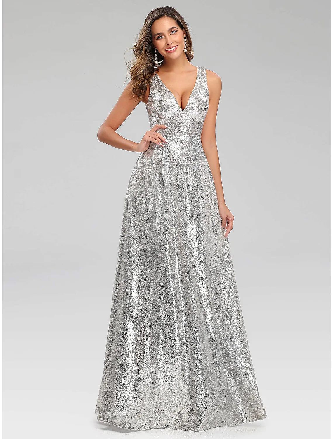 Sparkle Dress Wedding Guest Floor Length Sleeveless V Neck V Back