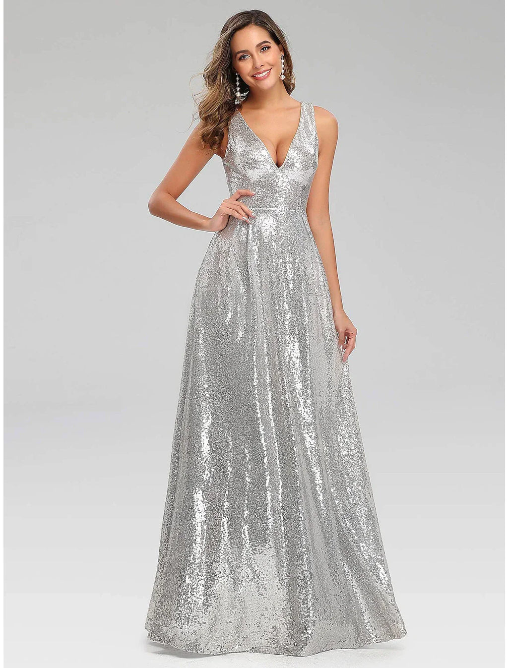 Sparkle Dress Wedding Guest Floor Length Sleeveless V Neck V Back