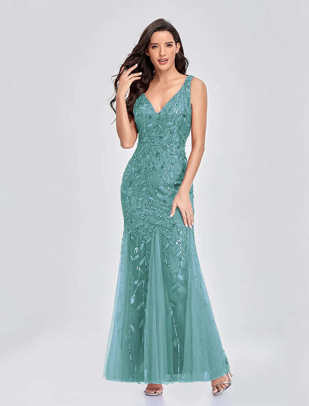 Party Wear Formal Evening Dress V Neck V Back Sleeveless Floor Length with Embroidery