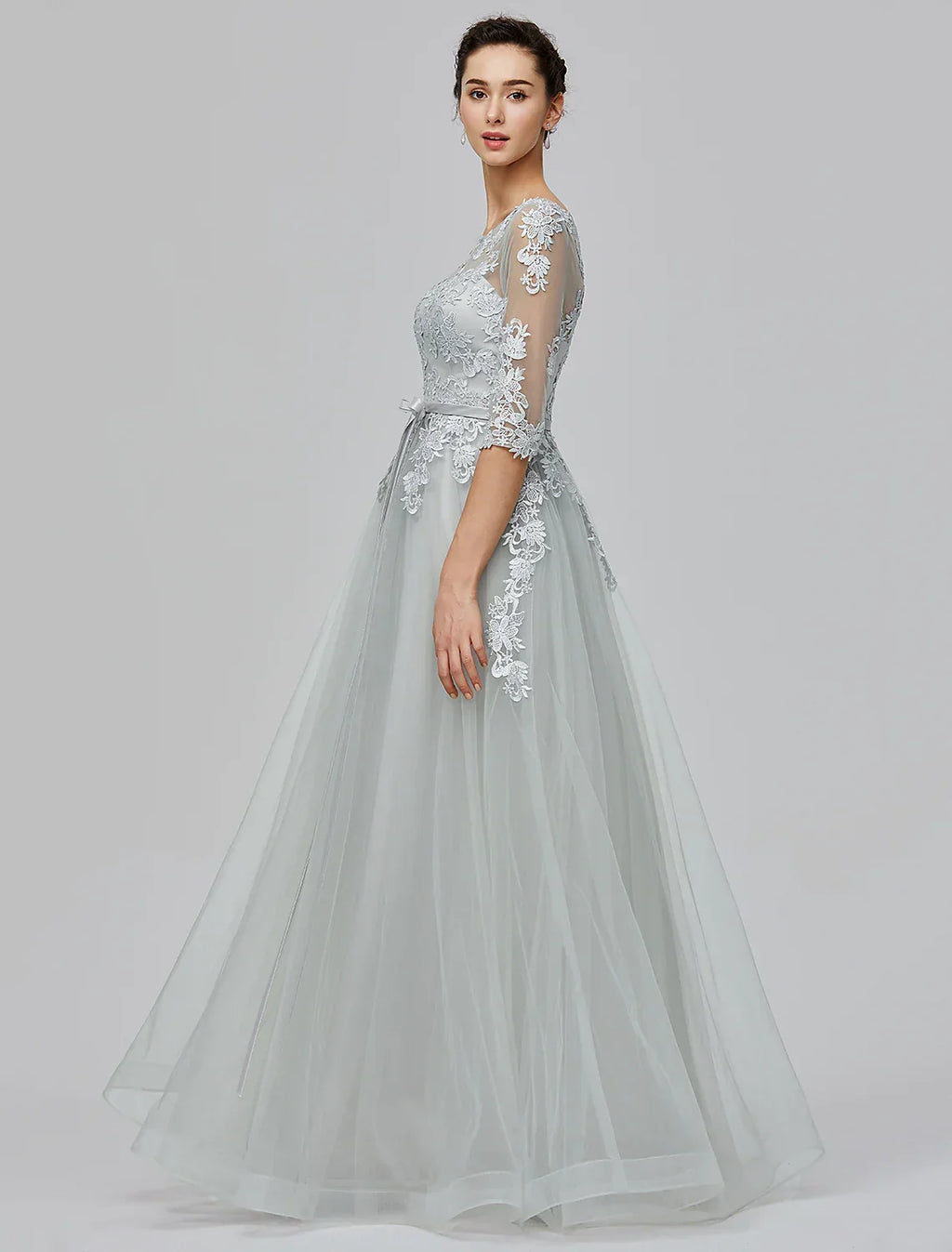 Wedding Guest Floor Length Half Sleeve with Bow(s) Appliques