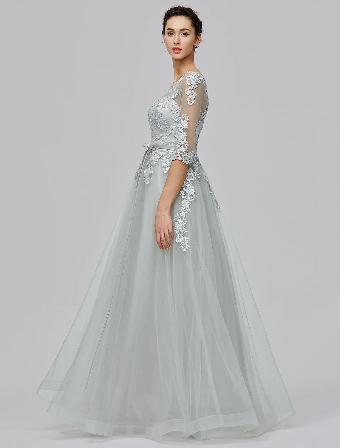 Wedding Guest Floor Length Half Sleeve with Bow(s) Appliques