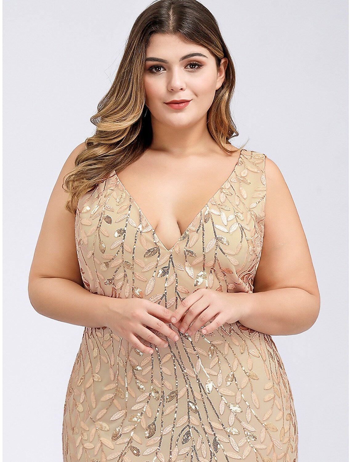 Evening Gown Plus Size Dress Wedding Guest Floor Length Sleeveless V Neck V Back Appliques