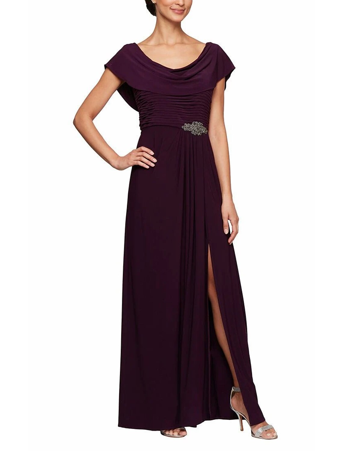 Mother of the Bride Dress Formal Wedding Guest Elegant Scoop Neck Ankle Length Short Sleeve with Pleats Crystals Solid Color