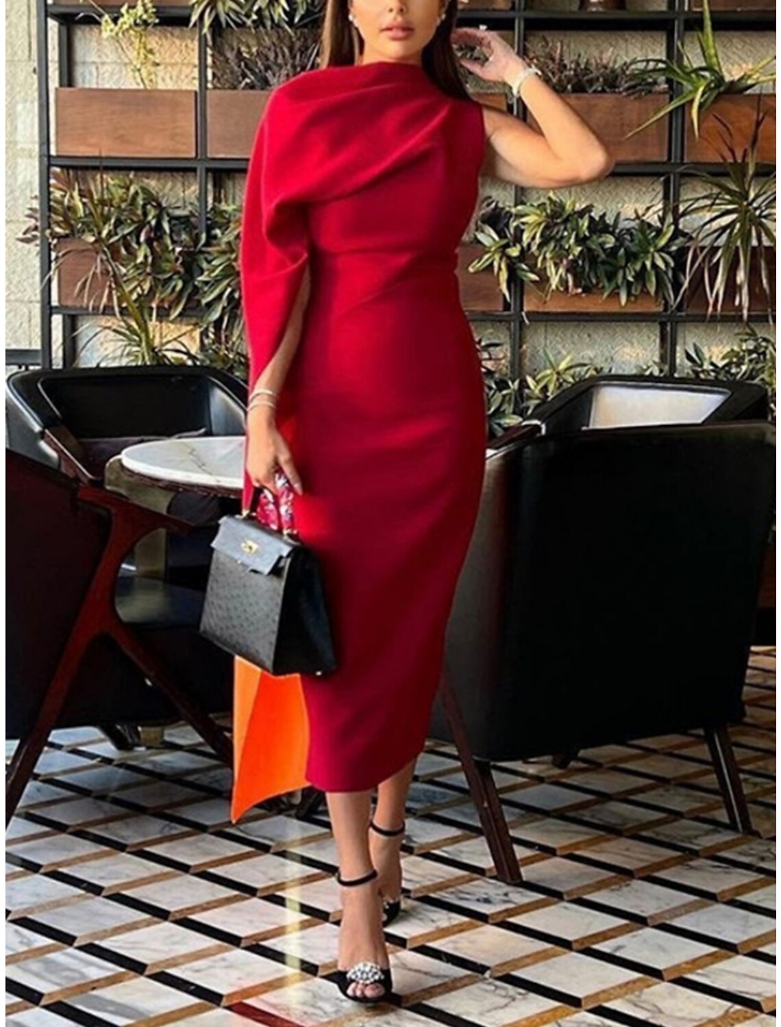 Green Sheath / Column Evening Gown Elegant Dress Formal Tea Length Christmas Red Dress Sleeveless Cowl Neck Fabric with Ruched