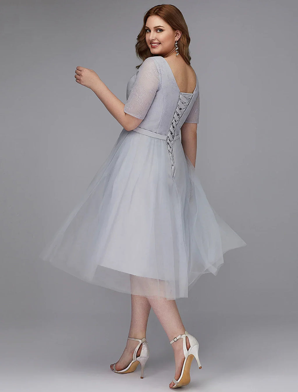 Wedding Guest Tea Length Short Sleeve V Neck Lace-up with Sash / Ribbon
