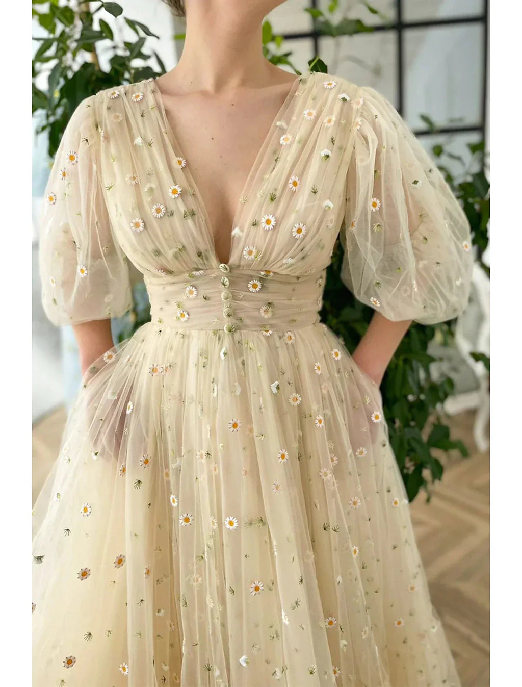 Floral Dress Formal Wedding Guest Ankle Length Half Sleeve V Neck V Back with Pleats Ruched