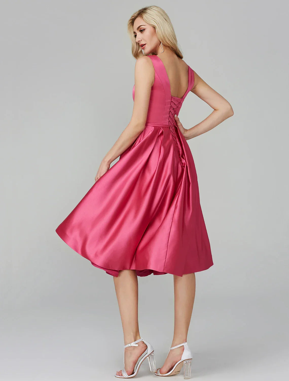 Pink Wedding Guest Cocktail Party Knee Length Sleeveless V Wire Dress with Sash / Ribbon