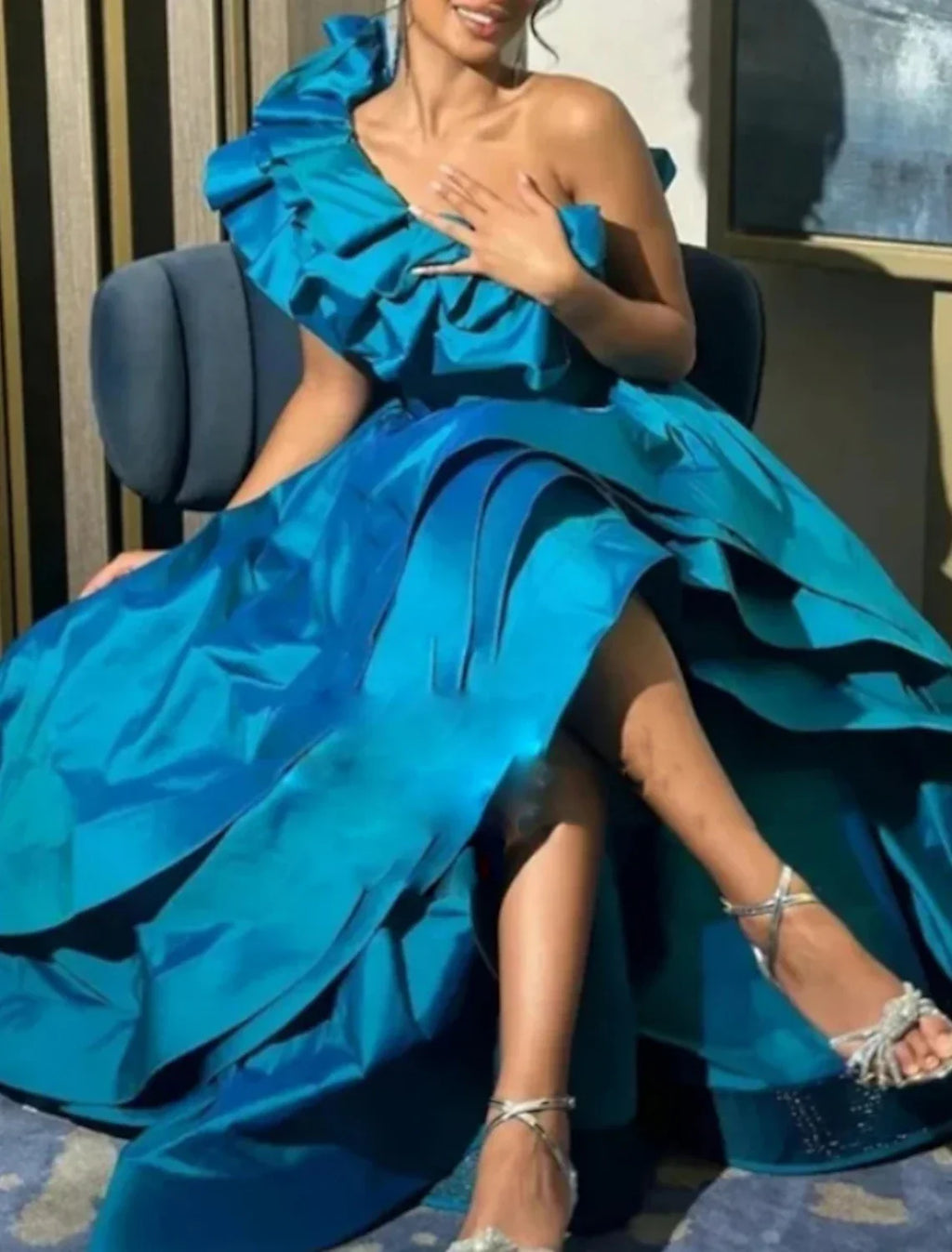Green Evening Gown Elegant Dress Christmas Red Dress Formal Wedding Asymmetrical Sleeveless One Shoulder with Ruffles Slit