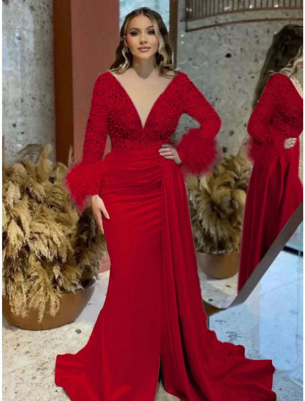 Mermaid / Trumpet Evening Gown Elegant Dress Formal Wedding Court Train Long Sleeve V Neck with Feather Glitter Ruched