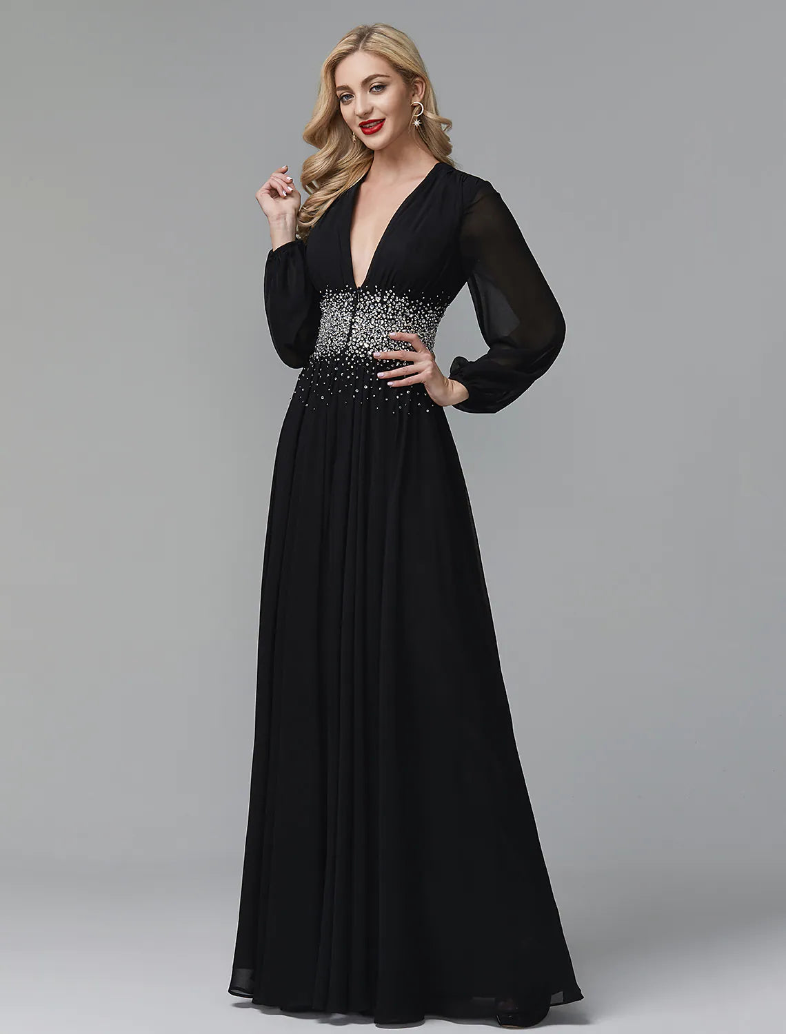 Black Evening Dress Celebrity Red Carpet Formal Gown Wedding Guest Floor Length Long Sleeve V Neck