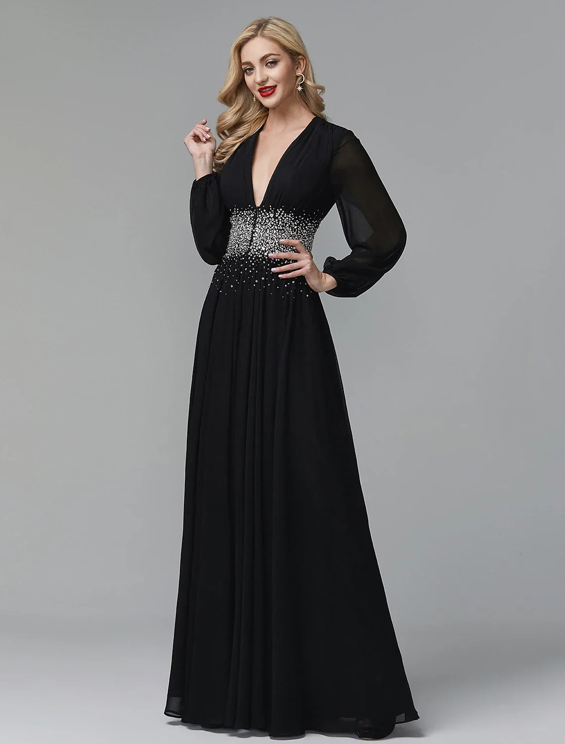 Black Evening Dress Celebrity Red Carpet Formal Gown Tie Wedding Guest Floor Length Long Sleeve V Neck