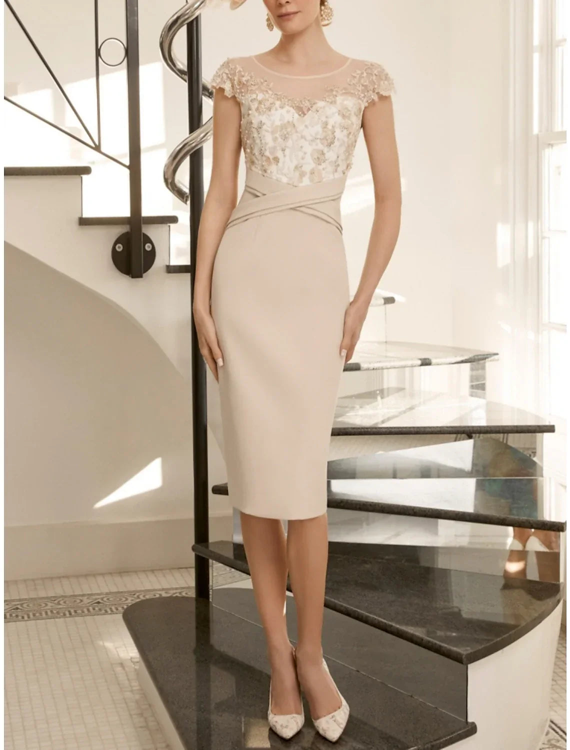 Two Piece Sheath / Column Mother of the Bride Dress Wedding Guest Elegant Jewel Neck Knee Length Fabric Half Sleeve with Beading