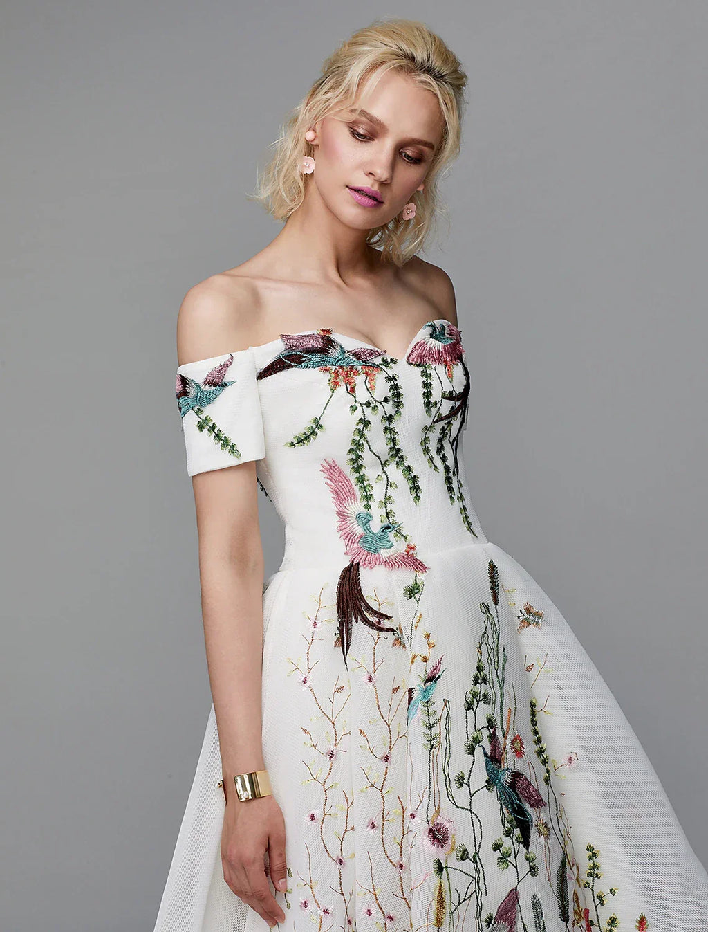 Ball Gown Cute Dress Wedding Guest Asymmetrical Short Sleeve Off Shoulder with Embroidery