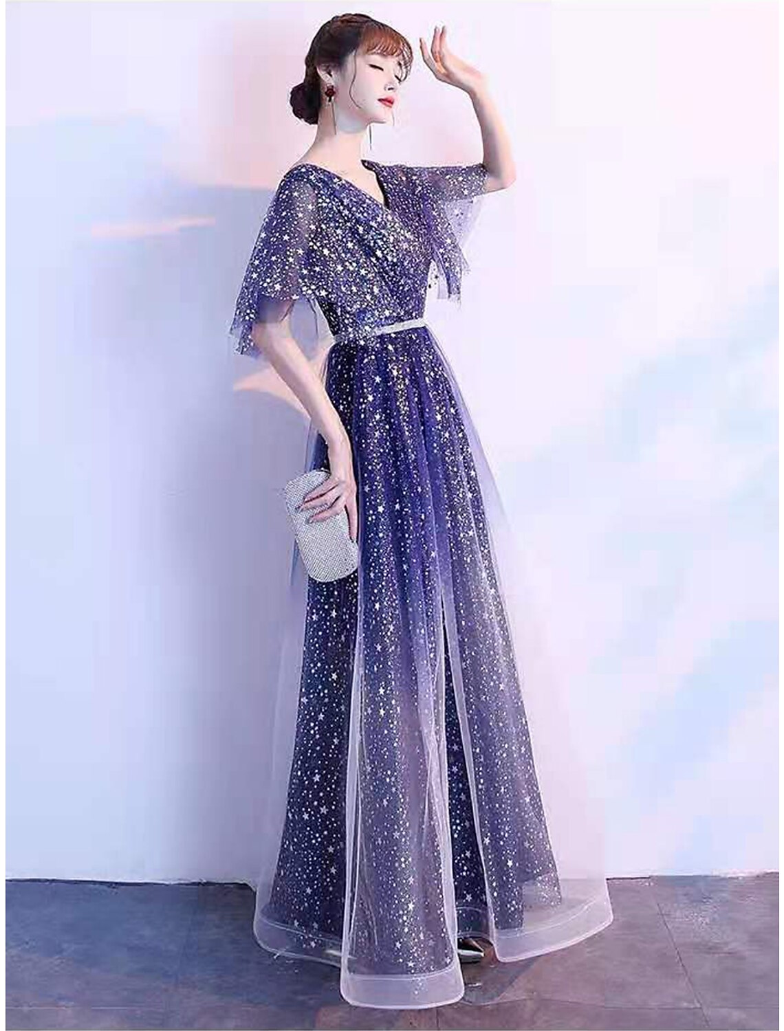 Ombre Prom Birthday Dress V Neck Short Sleeve Floor Length with Sash / Ribbon Crystals