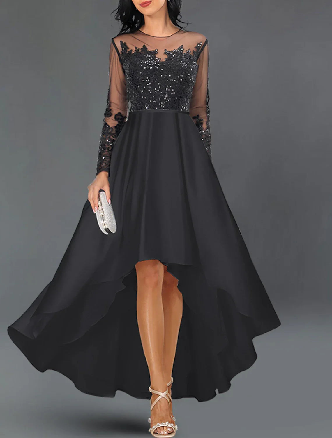 Cocktail Dresses Elegant Dress Party Wear Wedding Party Asymmetrical Long Sleeve Jewel Neck with Crystals Appliques