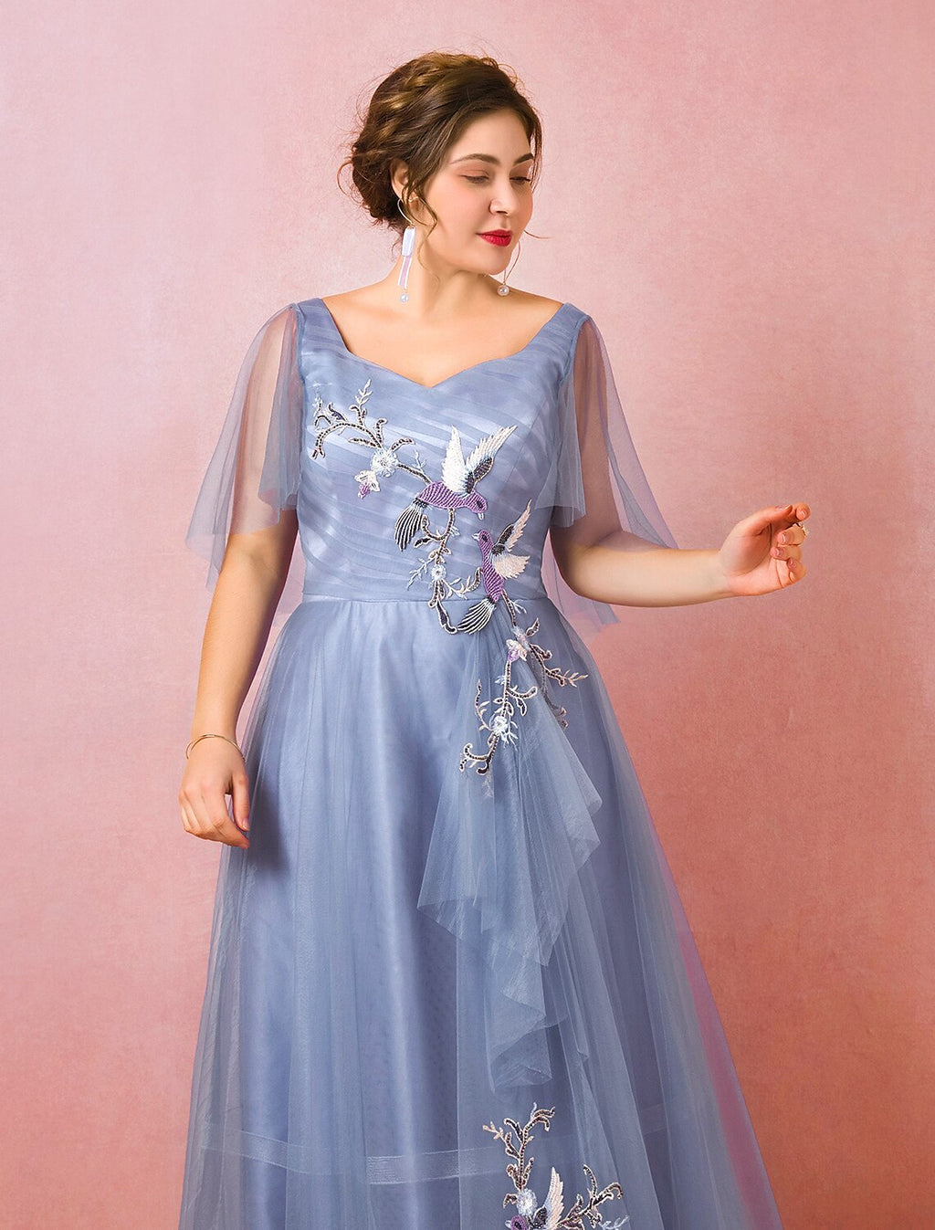 Chinese Style Dress Prom Floor Length Half Sleeve V Neck with Ruched Embroidery