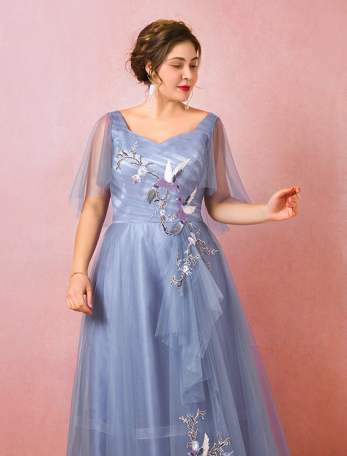 Chinese Style Dress Prom Floor Length Half Sleeve V Neck with Ruched Embroidery