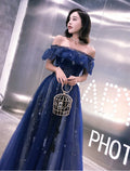 Fairy Prom Dress Sparkle Party Dress Off Shoulder Short Sleeve Floor Length with Sequins Embroidery