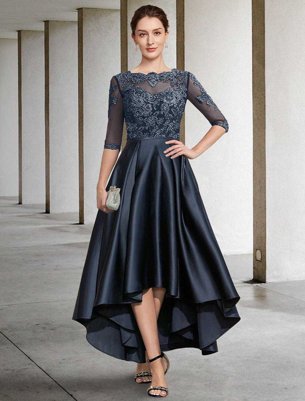 Mother of the Bride Dress Formal Wedding Guest Elegant Jewel Neck Asymmetrical Italy Half Sleeve with Pleats