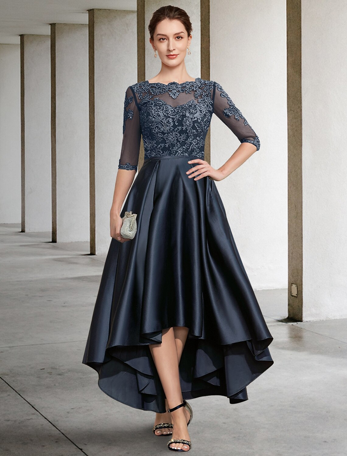 Mother of the Bride Dress Formal Wedding Guest Elegant Jewel Neck Asymmetrical Italy Half Sleeve with Pleats