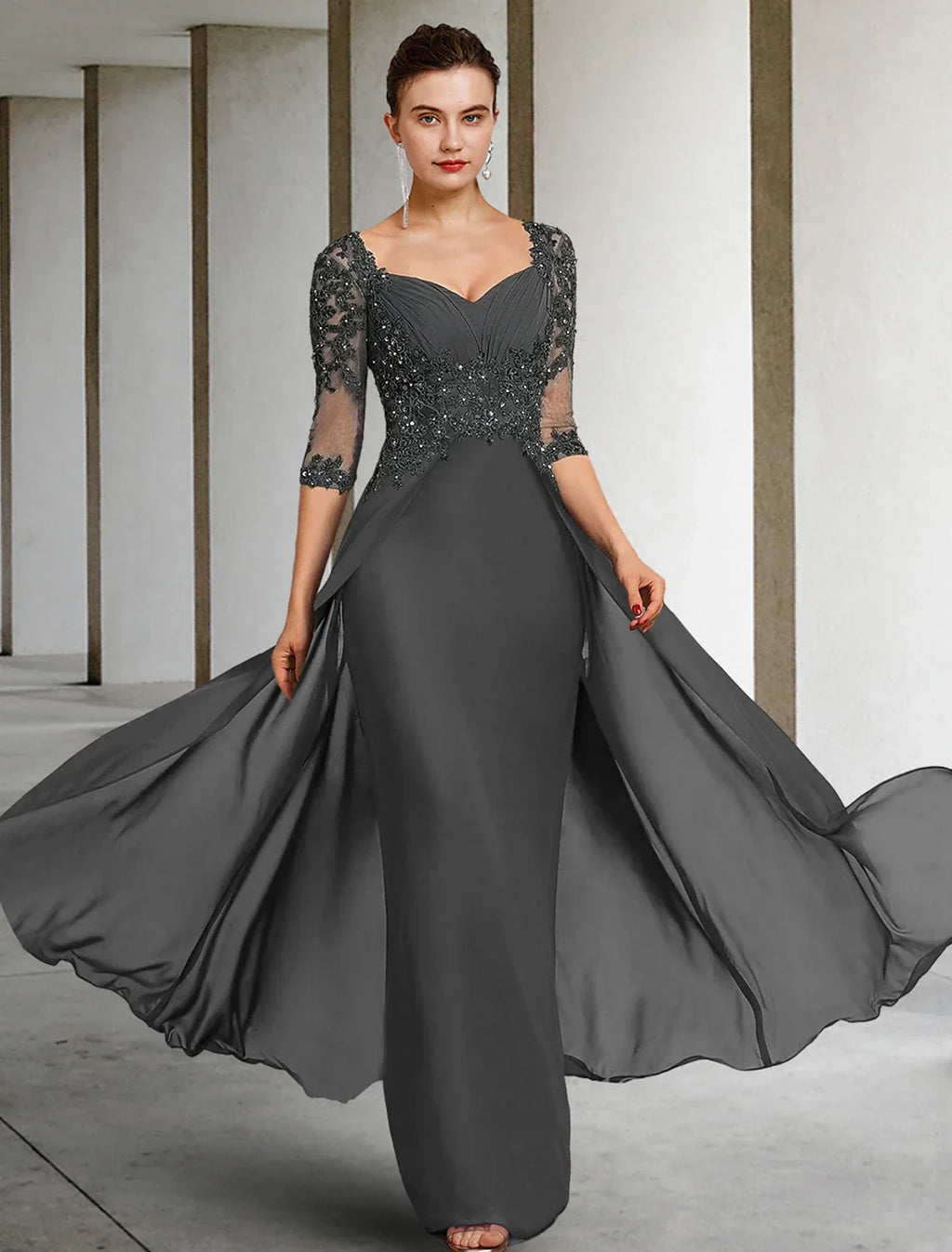 Sheath / Column Mother of the Bride Dress Formal Wedding Guest Party Elegant Square Neck Floor Length 3/4 Length Sleeve with Appliques Ruching