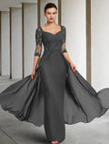 Sheath / Column Mother of the Bride Dress Formal Wedding Guest Party Elegant Square Neck Floor Length 3/4 Length Sleeve with Appliques Ruching