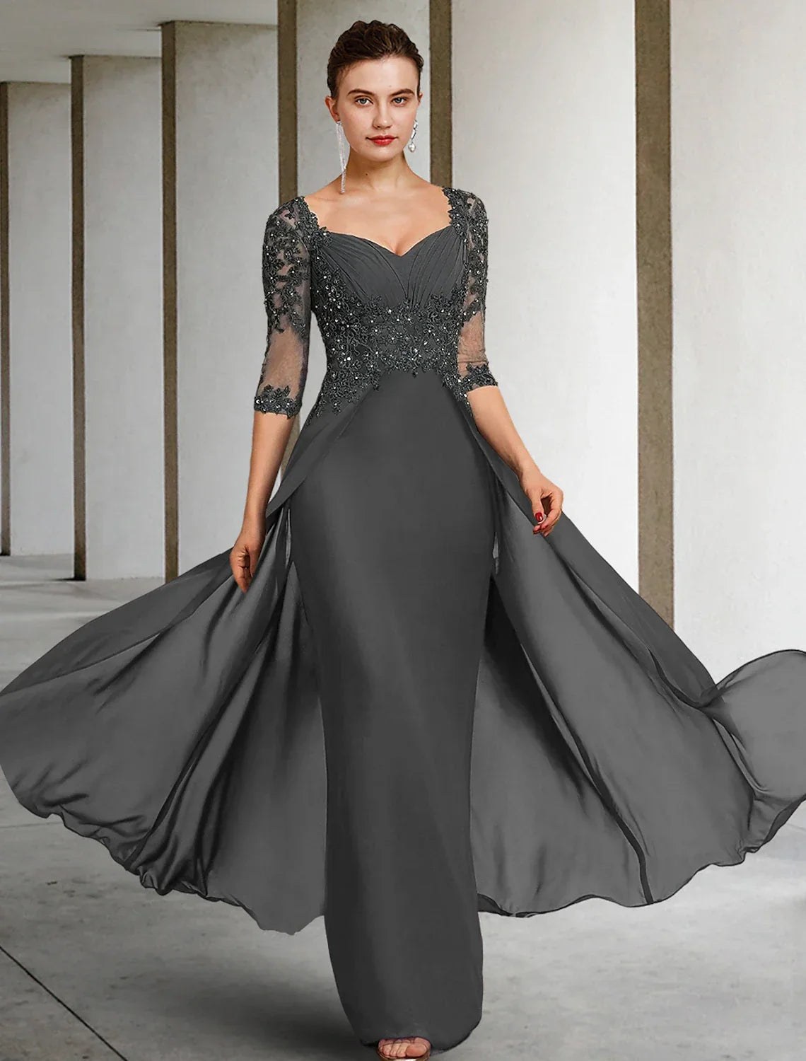 Sheath / Column Mother of the Bride Dress Formal Wedding Guest Party Elegant Square Neck Floor Length 3/4 Length Sleeve with Appliques Ruching