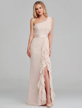 Bridesmaid Dress One Shoulder Sleeveless Elegant Long Length with Cascading Ruffles