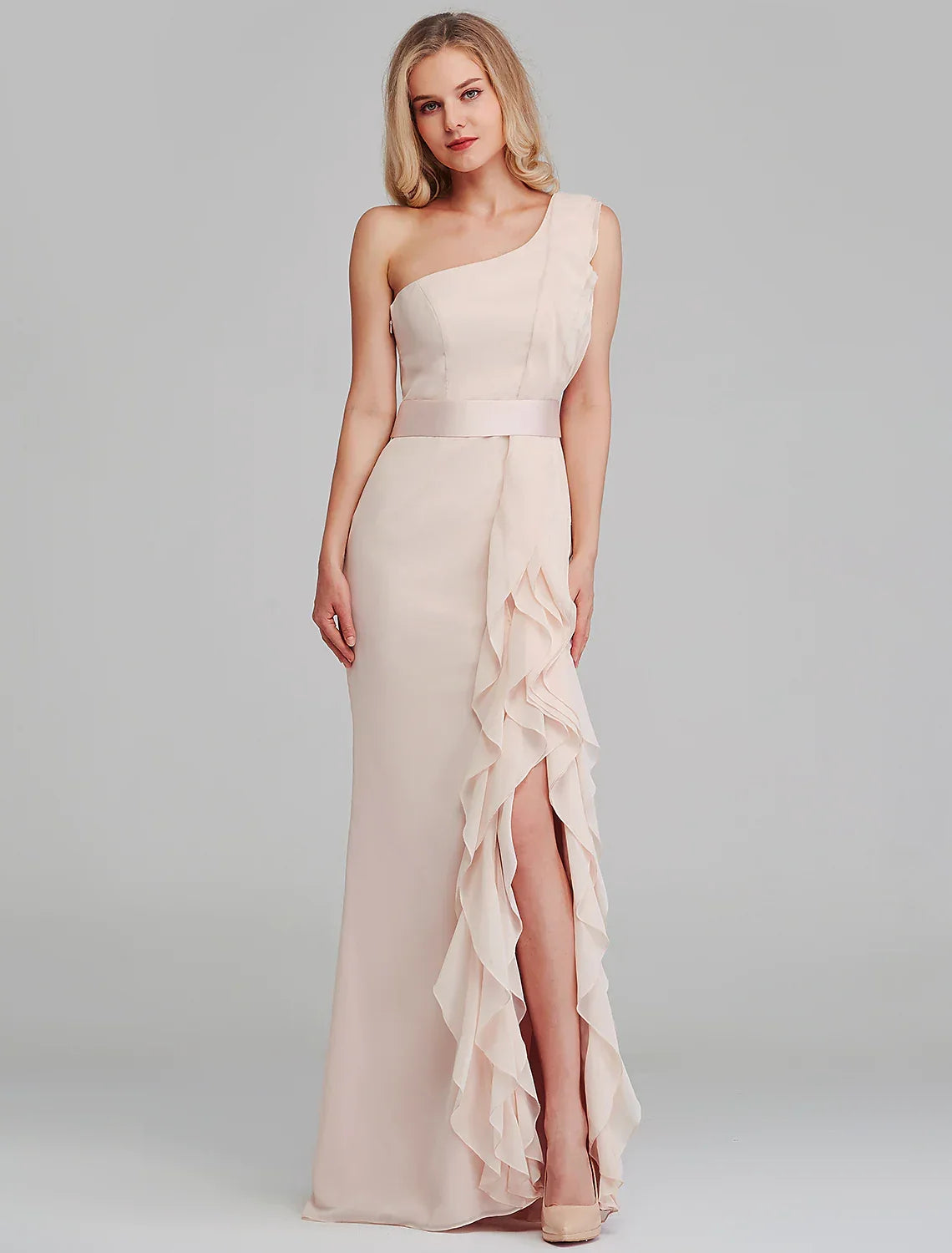 Bridesmaid Dress One Shoulder Sleeveless Elegant Long Length with Cascading Ruffles