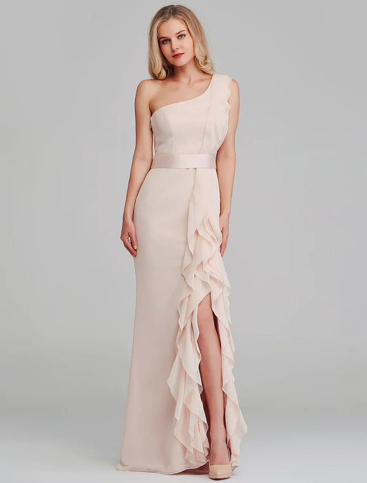 Elegant Red A-Line One-Shoulder Sleeveless Classic-Back Floor-Length Bridesmaid Dress