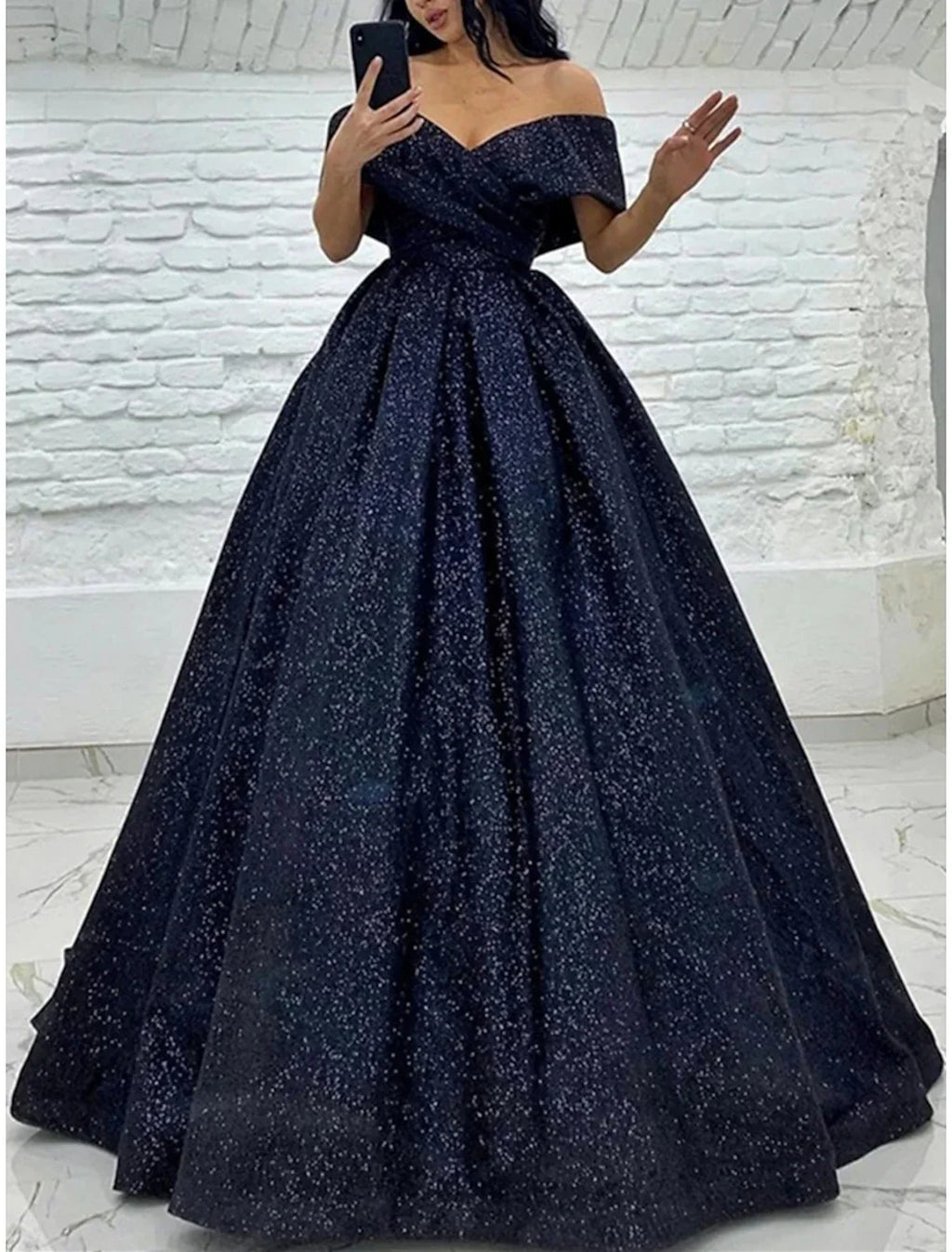 Black Sparkle Champagne Gold Dress Black Tie Carival Sweep / Brush Train Short Sleeve Off Shoulder with Glitter Pleats